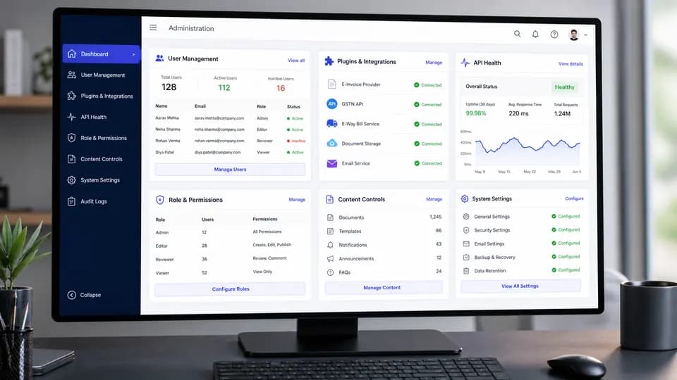 Admin dashboard with plugin integrations and user management