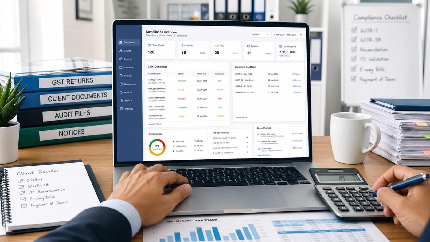 Accountant reviewing a GST compliance dashboard with client due dates and risk indicators